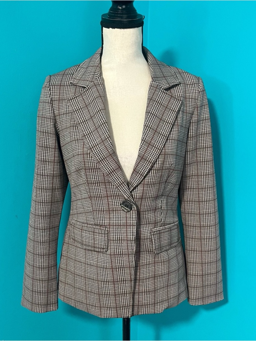 June & Hudson S Multicolor Houndstooth Plaid One Button Blazer Jacket